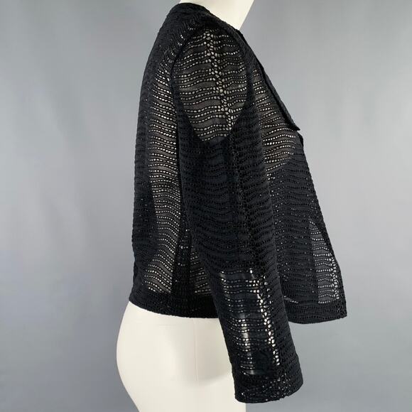 AKRIS Size 6 Black Cotton Eyelet Open Front Jacket Blazer - Picture 3 of 7